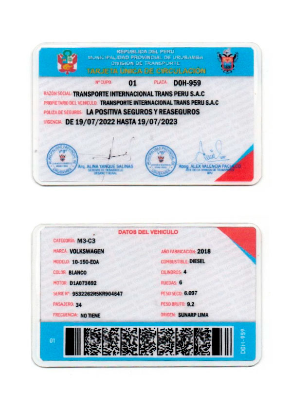 TARJETA DE CIRCULACION D0H-959 TRANSP