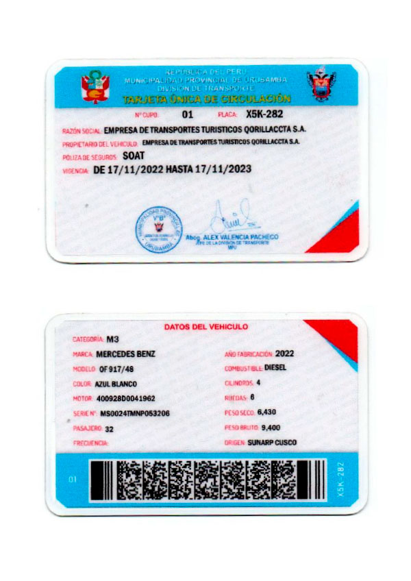 TARJETA DE CIRCULACION X5K-282 QORILLACCTA