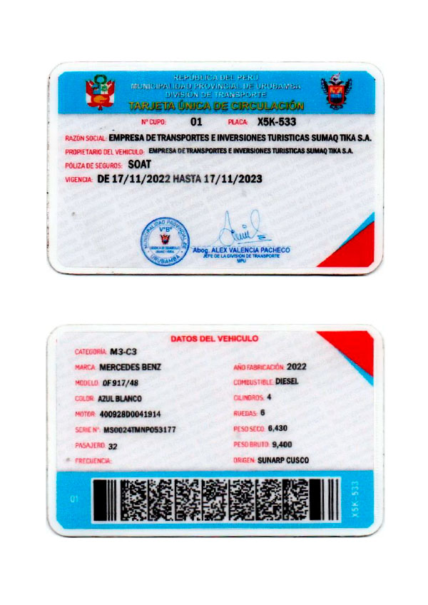 TARJETA DE CIRCULACION X5K-533 SUMAQ TIKA